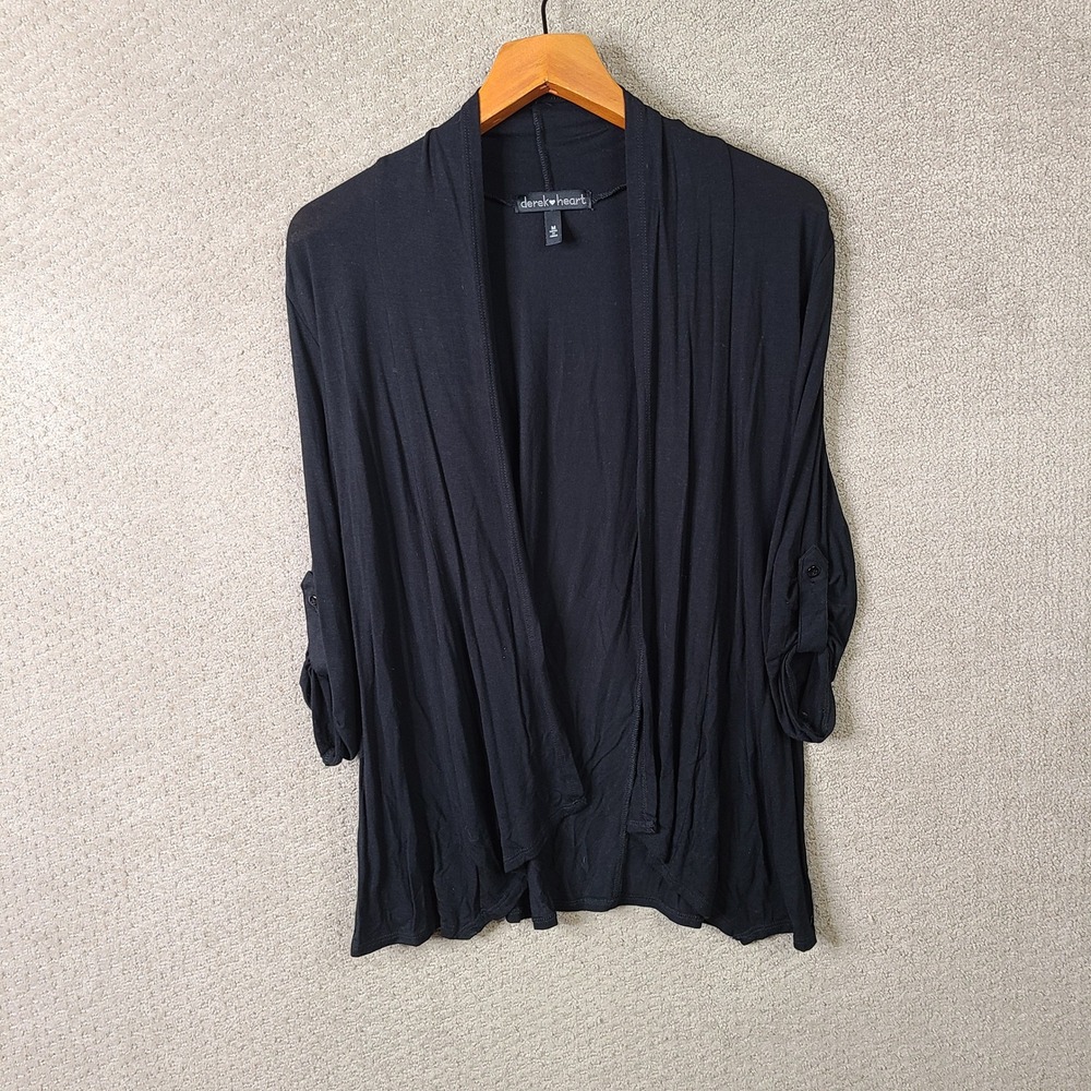 Derek Heart Cardigan Womens Medium Black Open Front Roll Tab Rayon Casual Top